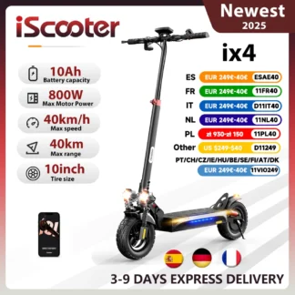 Trottinette électrique iScooter iX4, moteur 800 W, 48V 15Ah, autonomie 40-45 km, vitesse 45 km/h, double frein à disque, pliable, tout-terrain, compatible application.