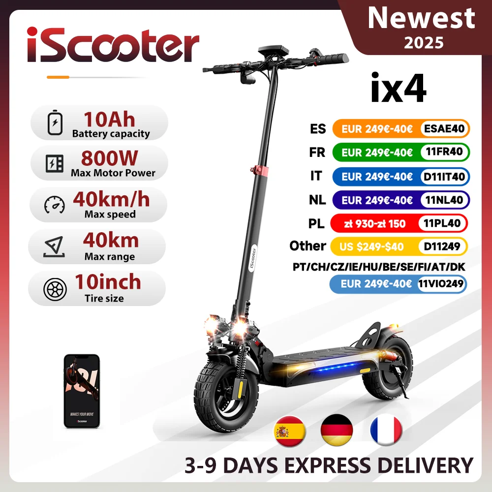 Trottinette électrique iScooter iX4, moteur 800 W, 48V 15Ah, autonomie 40-45 km, vitesse 45 km/h, double frein à disque, pliable, tout-terrain, compatible application.