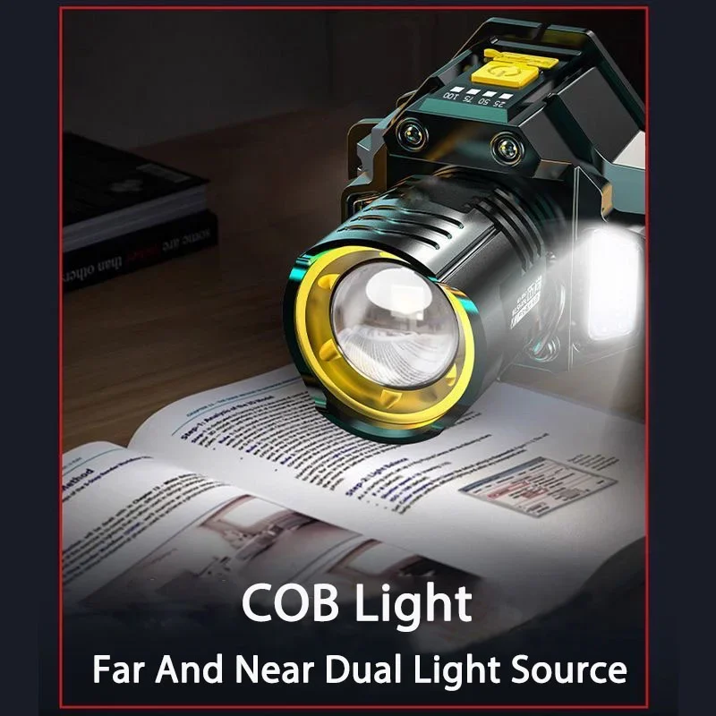 Lampe frontale puissante, Phare de pêche rechargeable, Phare LED 18650, Lampe frontale capteur mouvement, Éclairage COB haute puissance – Image 9