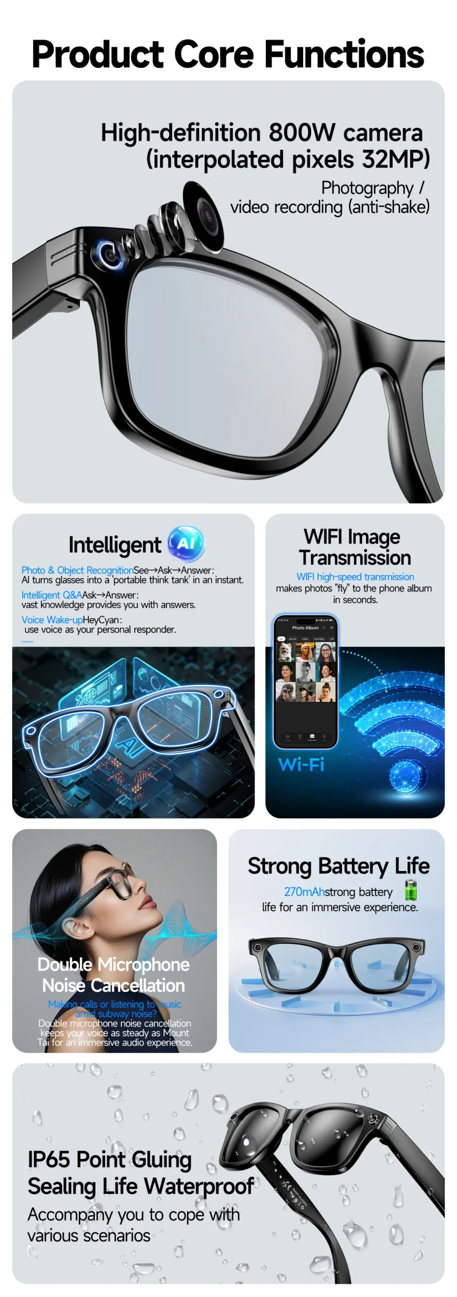Lunettes caméra 8MP, Lunettes traducteur AI, Smart Glasses Bluetooth 2026, Lunettes de soleil connectées, Gadget voyage intelligent – Image 12