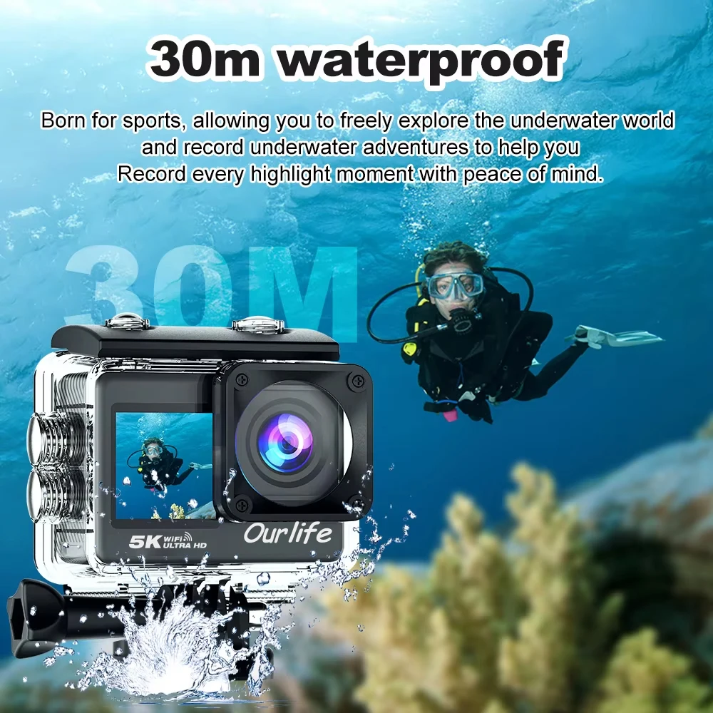 Caméra d'action 5K pas cher, Alternative GoPro 4K 60fps, Caméra moto étanche, Ourlife 5K WiFi, Caméra sport grand angle – Image 4