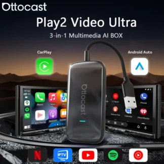 Ottocast Play2Video Ultra France, Adaptateur CarPlay sans fil Netflix, Android Auto sans fil YouTube, Boîtier Ai Box voiture, Streaming vidéo voiture