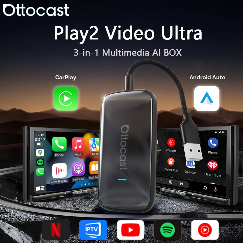 Ottocast Play2Video Ultra France, Adaptateur CarPlay sans fil Netflix, Android Auto sans fil YouTube, Boîtier Ai Box voiture, Streaming vidéo voiture