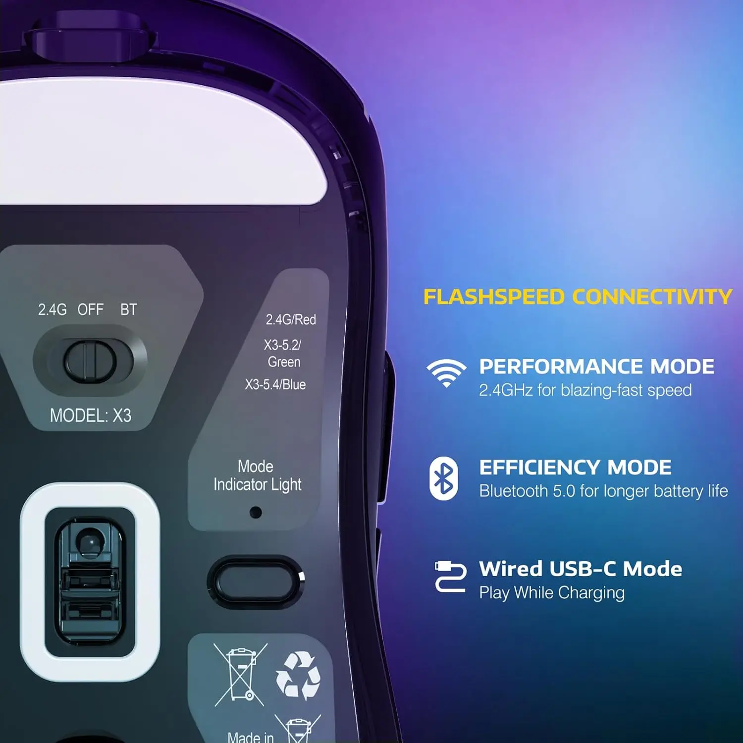 Souris Gaming Ultra-Légère Attack Shark X3 | 49g | Capteur PAW3395 26K DPI | Tri-Mode (2.4G/BT/USB) – Image 3