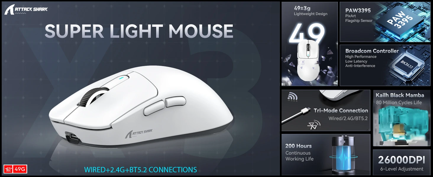 Souris Gaming Ultra-Légère Attack Shark X3 | 49g | Capteur PAW3395 26K DPI | Tri-Mode (2.4G/BT/USB) – Image 13